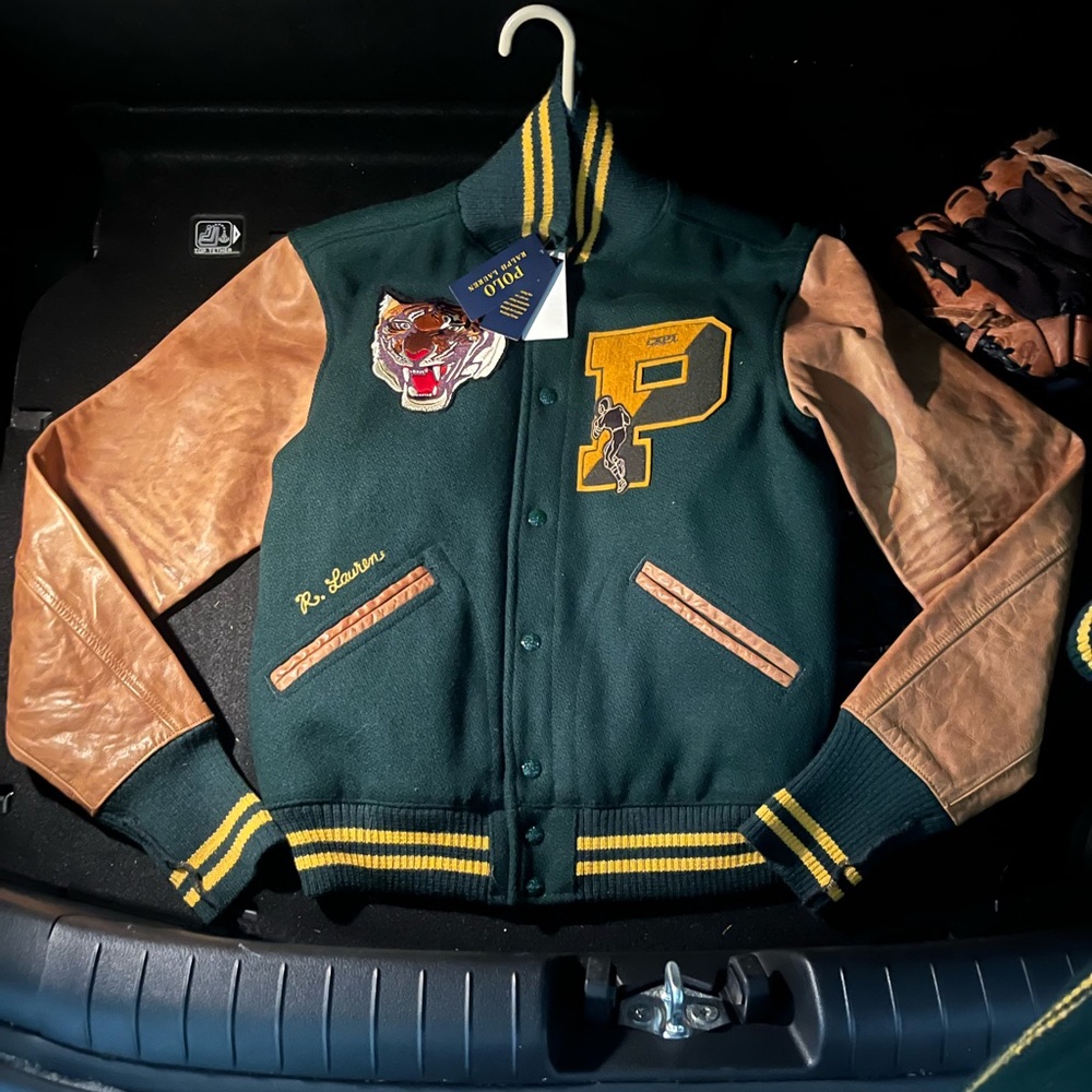 Polo Ralph Lauren Green & Brown Leather Letterman Varsity Jacket RL Tiger Large - Picture 1 of 3
